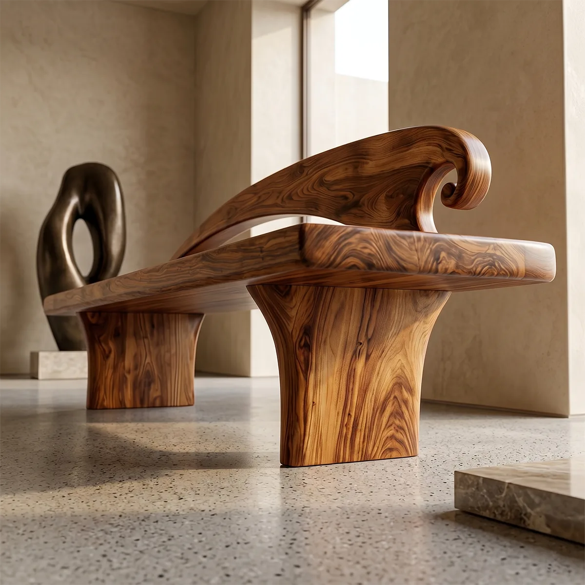 Curved Crest Back Garden Bench, Sculptural Wooden Outdoor Seating TH003-2509