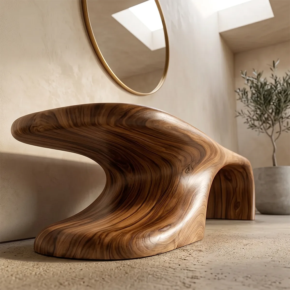 Organic Modern Sculptural Entryway Bench with Flowing Architectural Form TH003-8639
