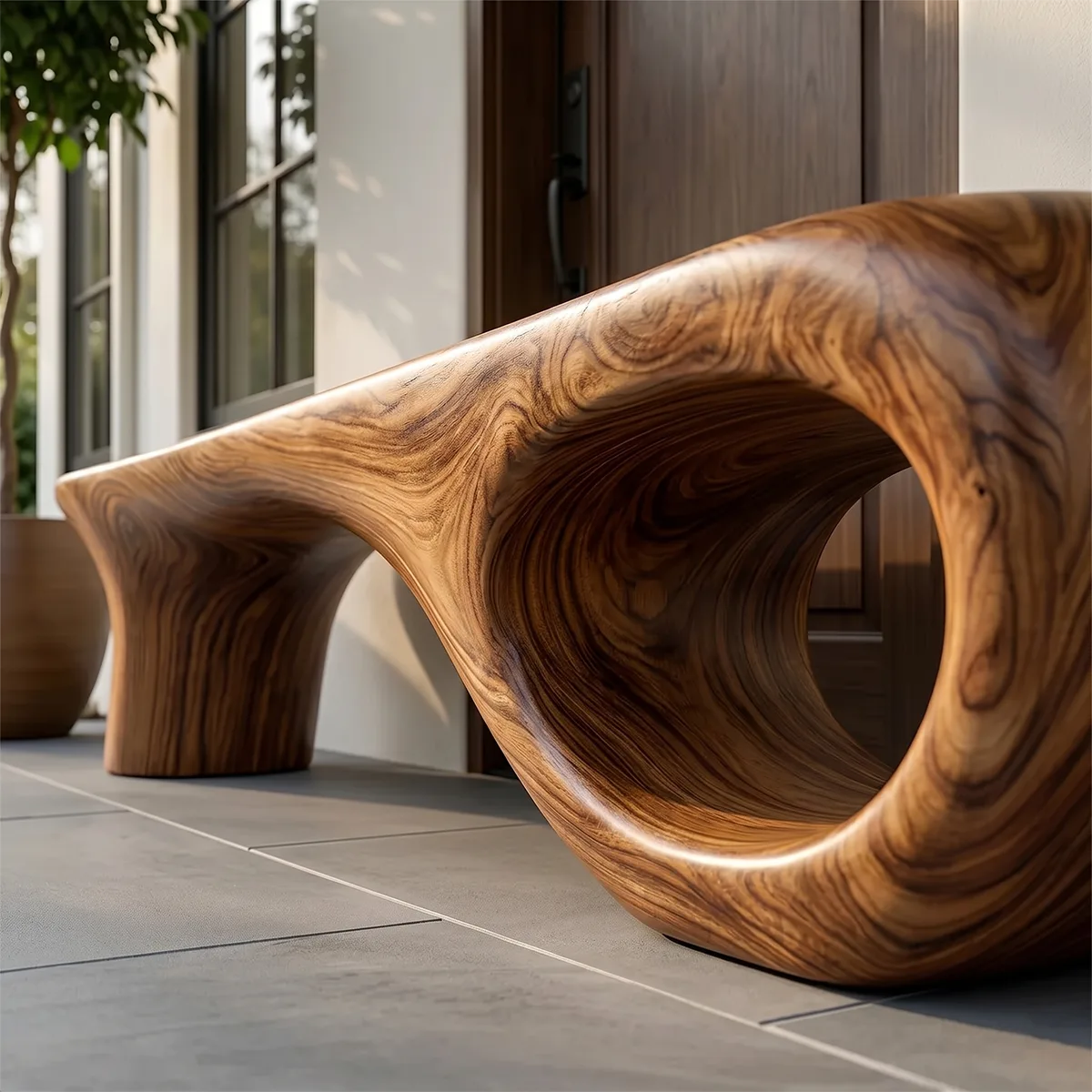 Handcrafted Organic Wood Bench with Sculptural Hollow Base TH003-2154