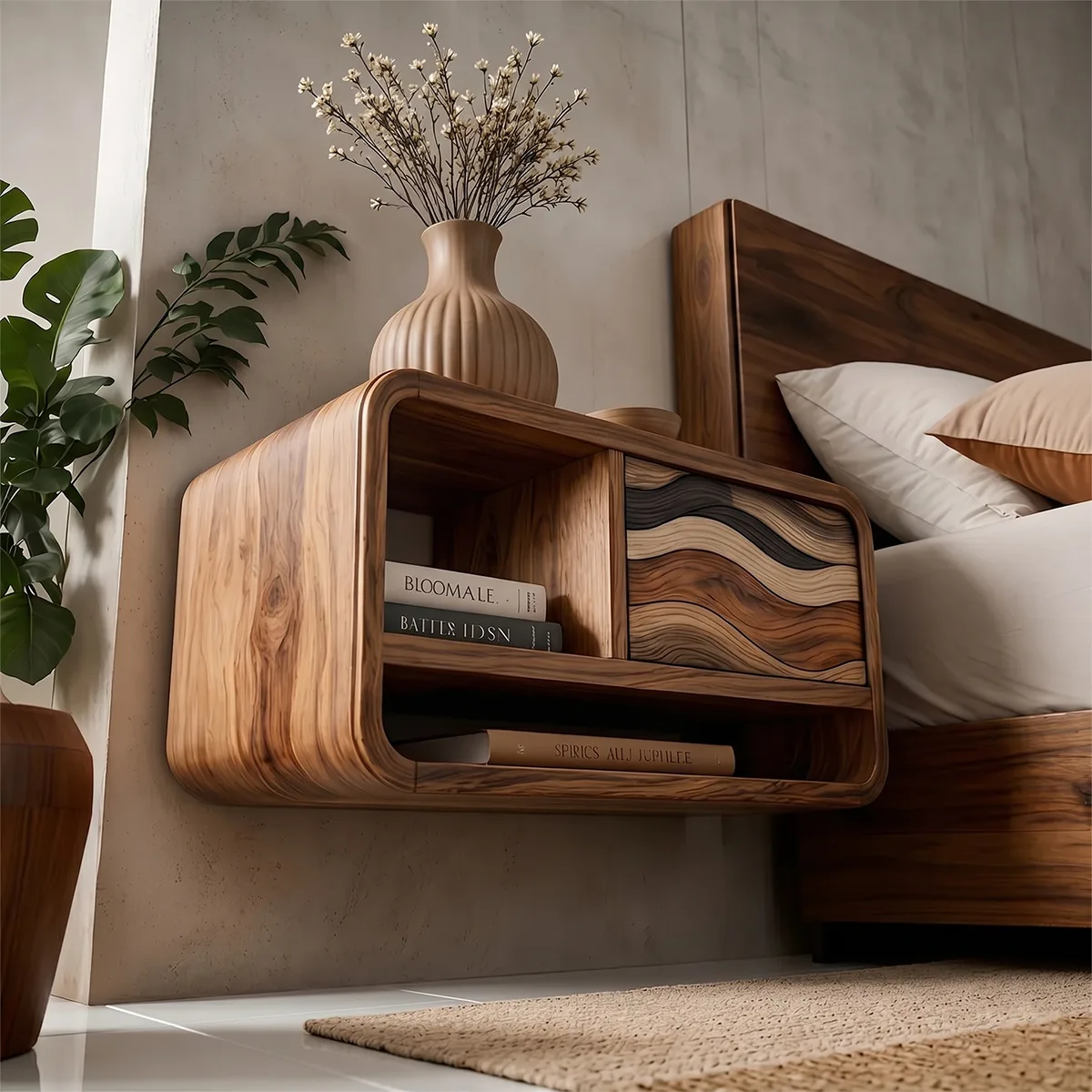 Floating Nightstand | Modern Curved Wall Mounted Bedside Table TH003-1336