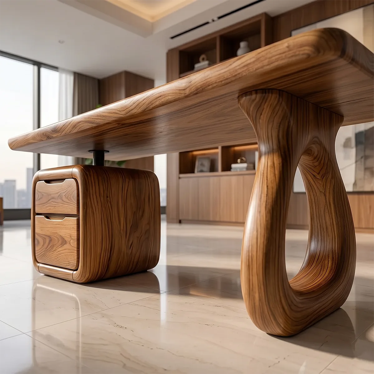 Solid Wood Executive Desk | Sculptural Rustic Office Desk with Drawers TH003-9935