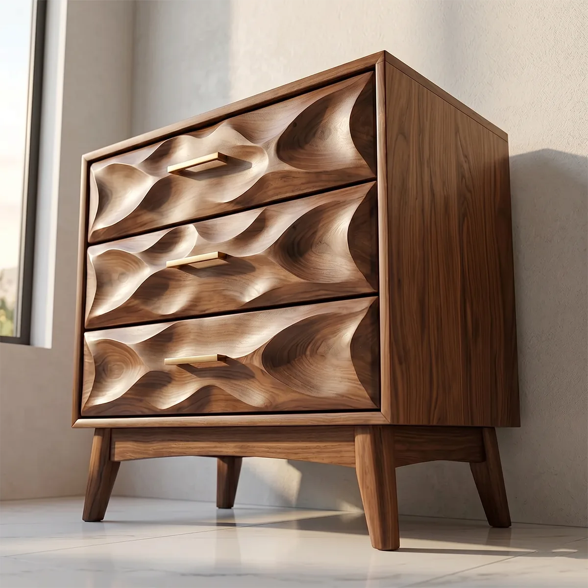 Modern Nightstand with 3 Drawers | Sculptural Contemporary Bedside Table TH003-5140