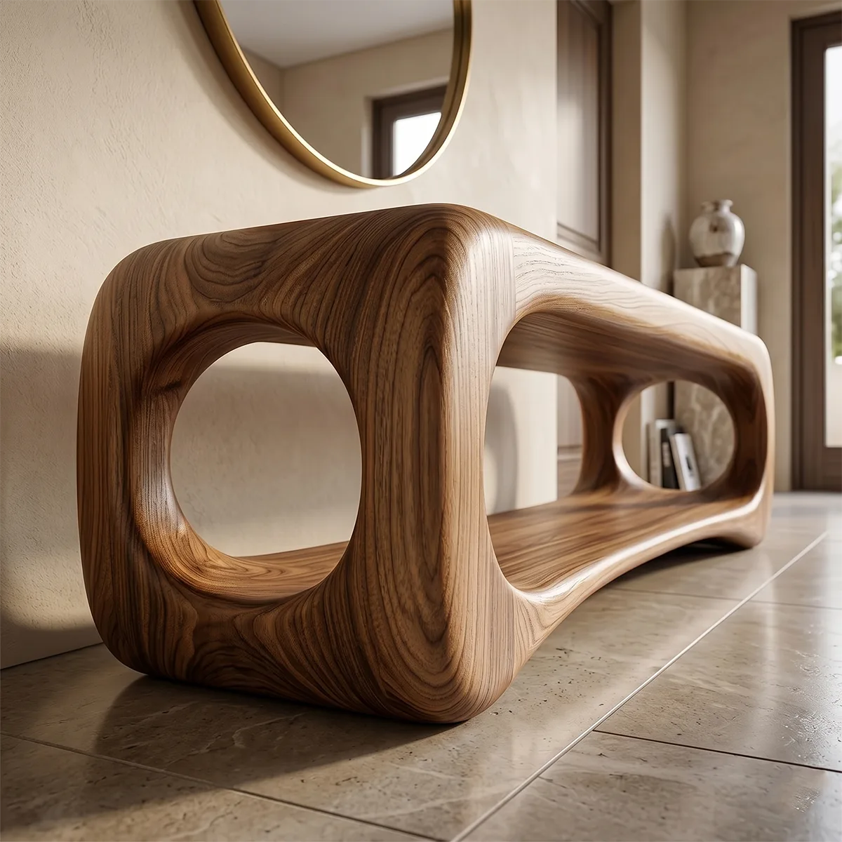 Organic Sculptural Entryway Bench with Integrated Open Shelf TH003-1182