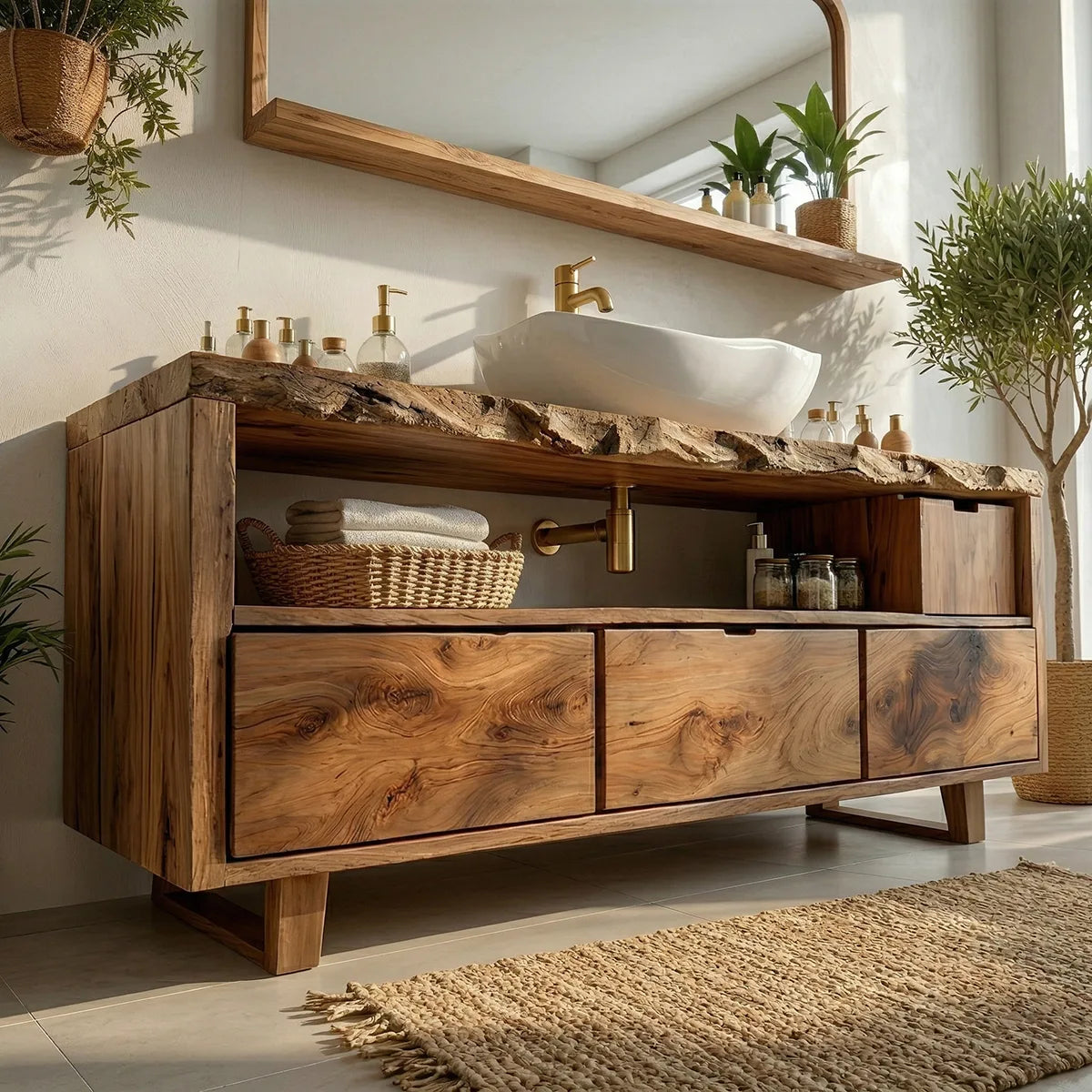 Rustic Natural Solid Wood Bathroom Vanity, Single Sink Wood Vanity with 3 Drawers & Open Shelf