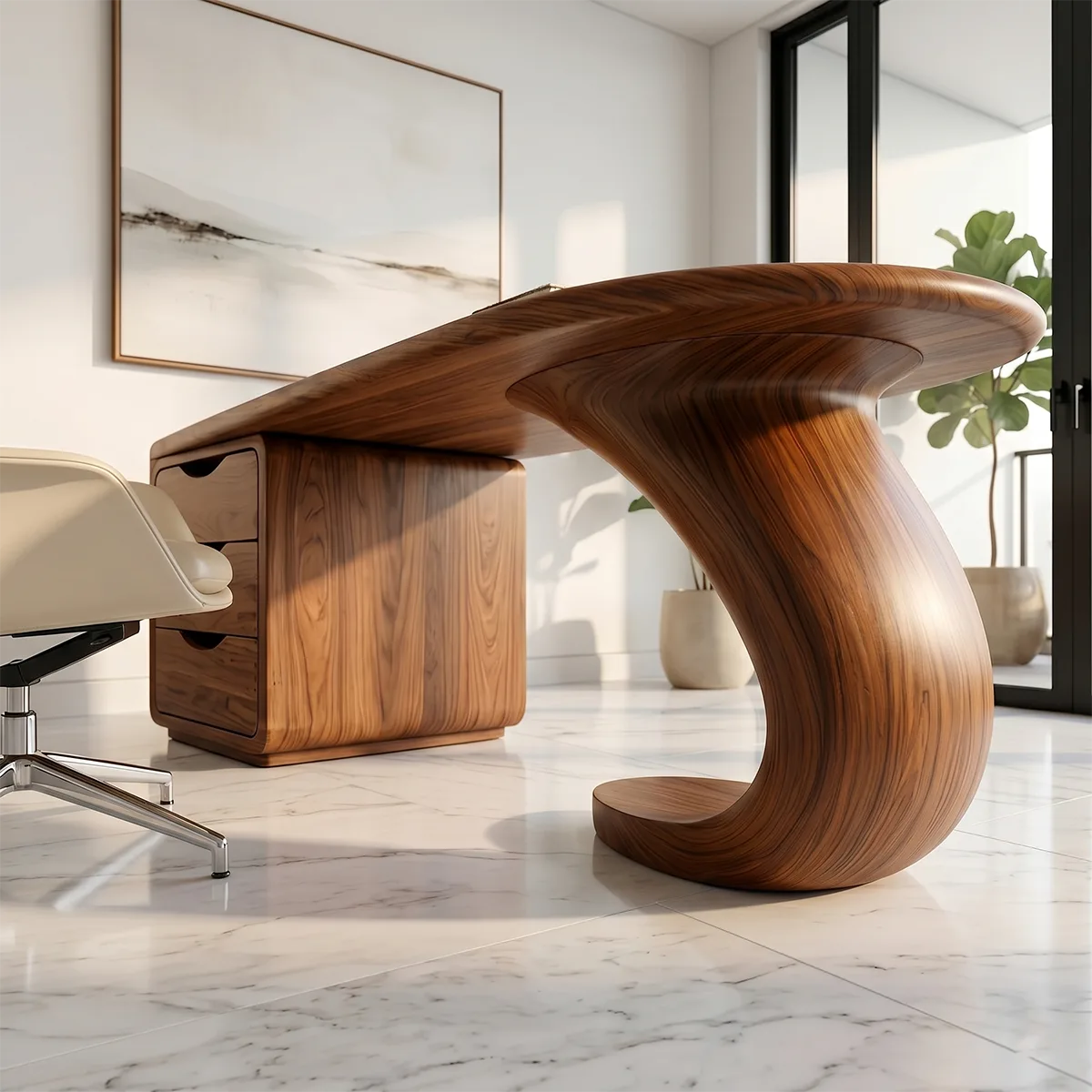 Sculptural Executive Desk | Modern Waterfall Office Desk with Storage TH003-5960