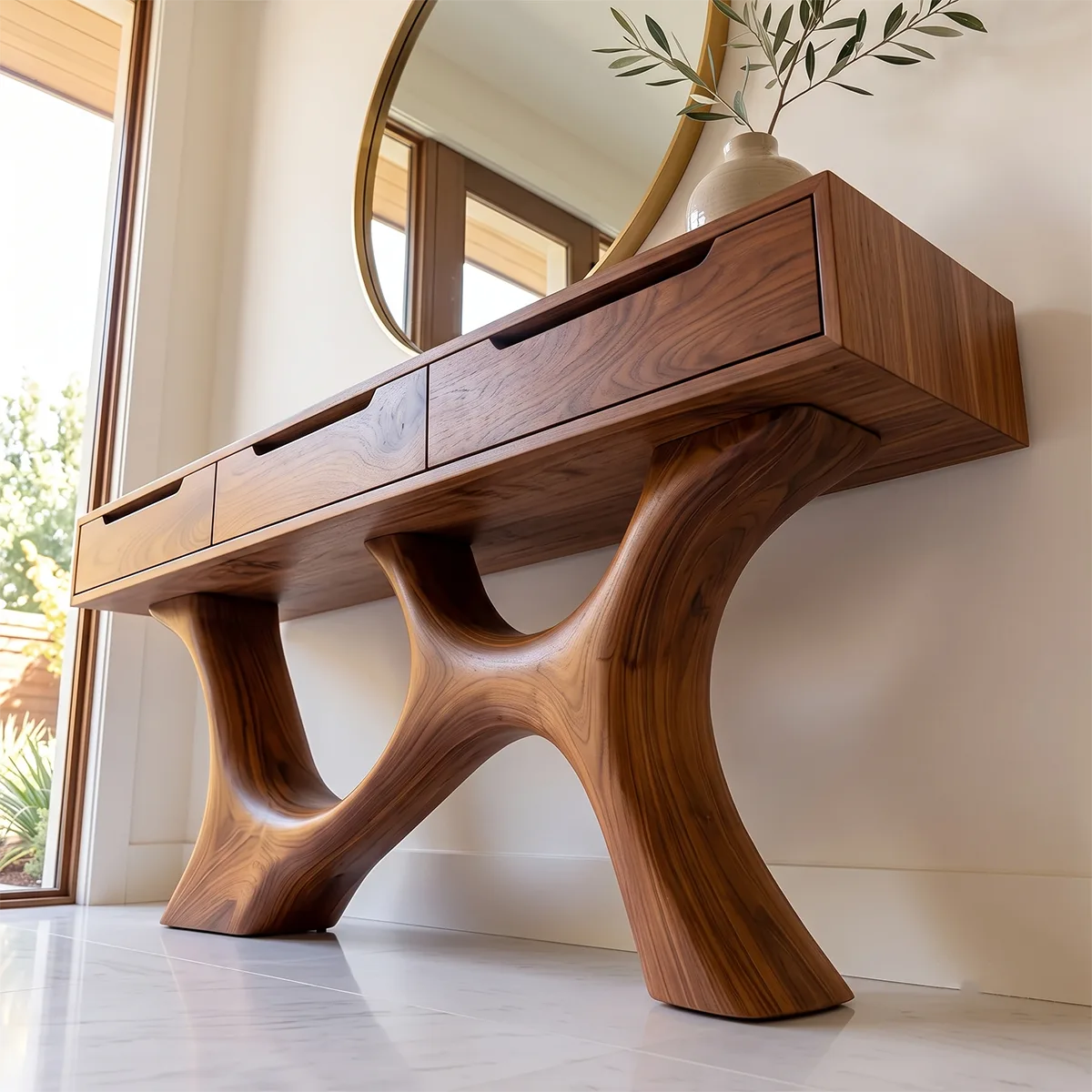 Modern Storage Console Table with Sculptural Base – Contemporary Entryway Table with Drawers TH003-9771