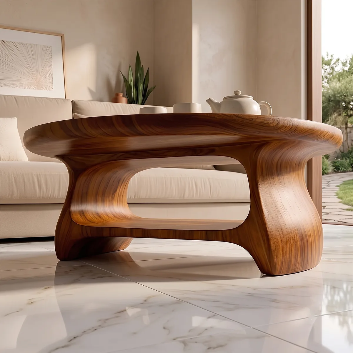 Modern Round Coffee Table with Shelf | Sculptural Wood Coffee Table for Living Room TH003-3167