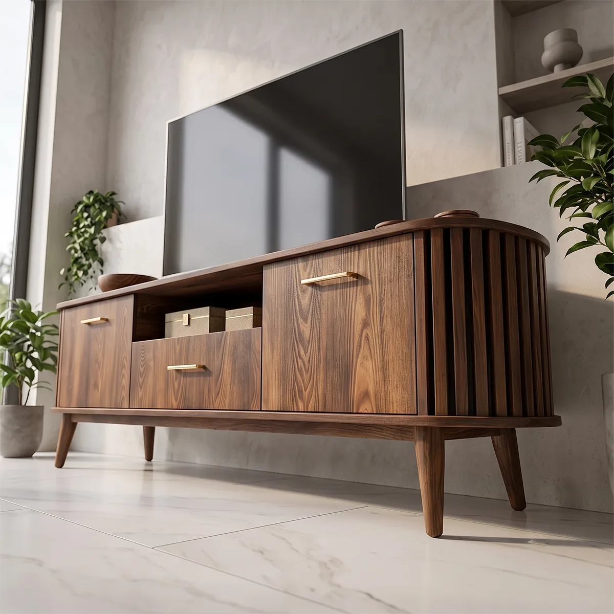 Mid-Century Modern TV Stand with 2 Cabinets & Drawer | Fluted Media Console TH003-4CGT3CA
