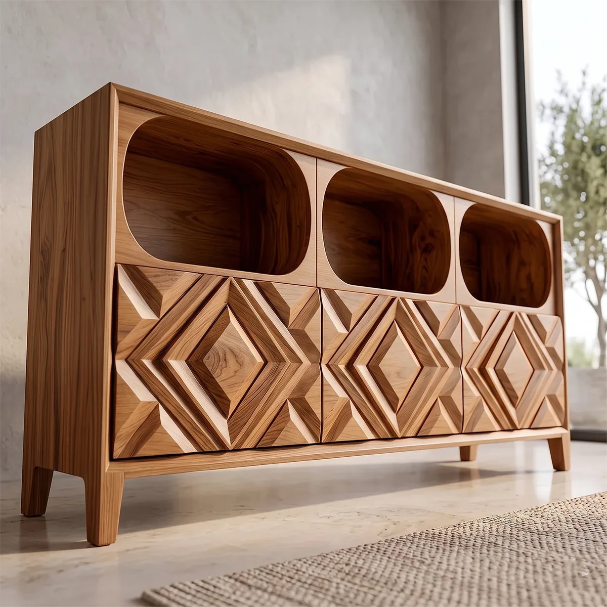 Modern Sideboard Cabinet | Geometric Carved Buffet Cabinet with Open Shelves & Storage TH003-2841