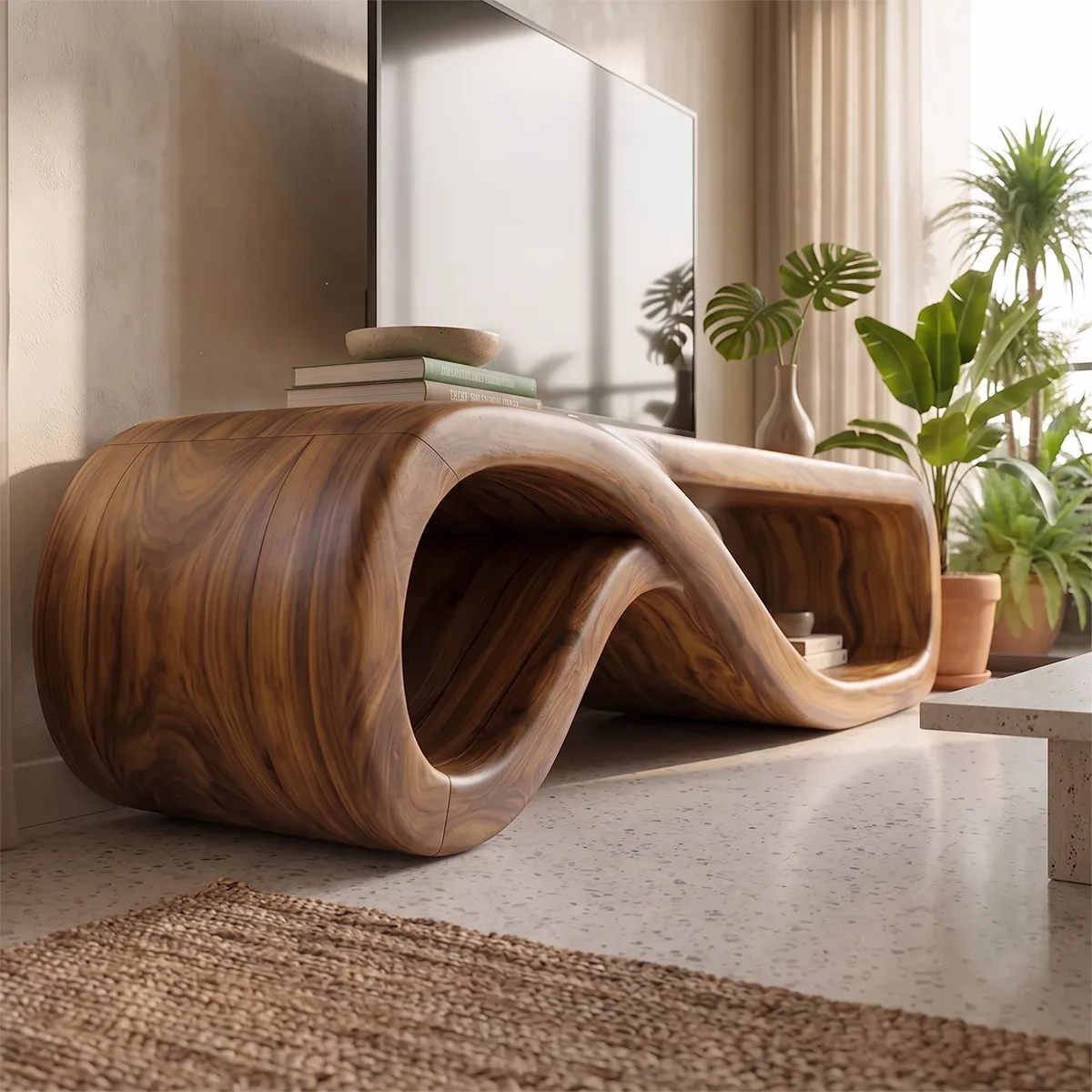 Sculptural Curved TV Stand with Open Storage | Modern Low Profile Entertainment Console TH003-7MDL5CO