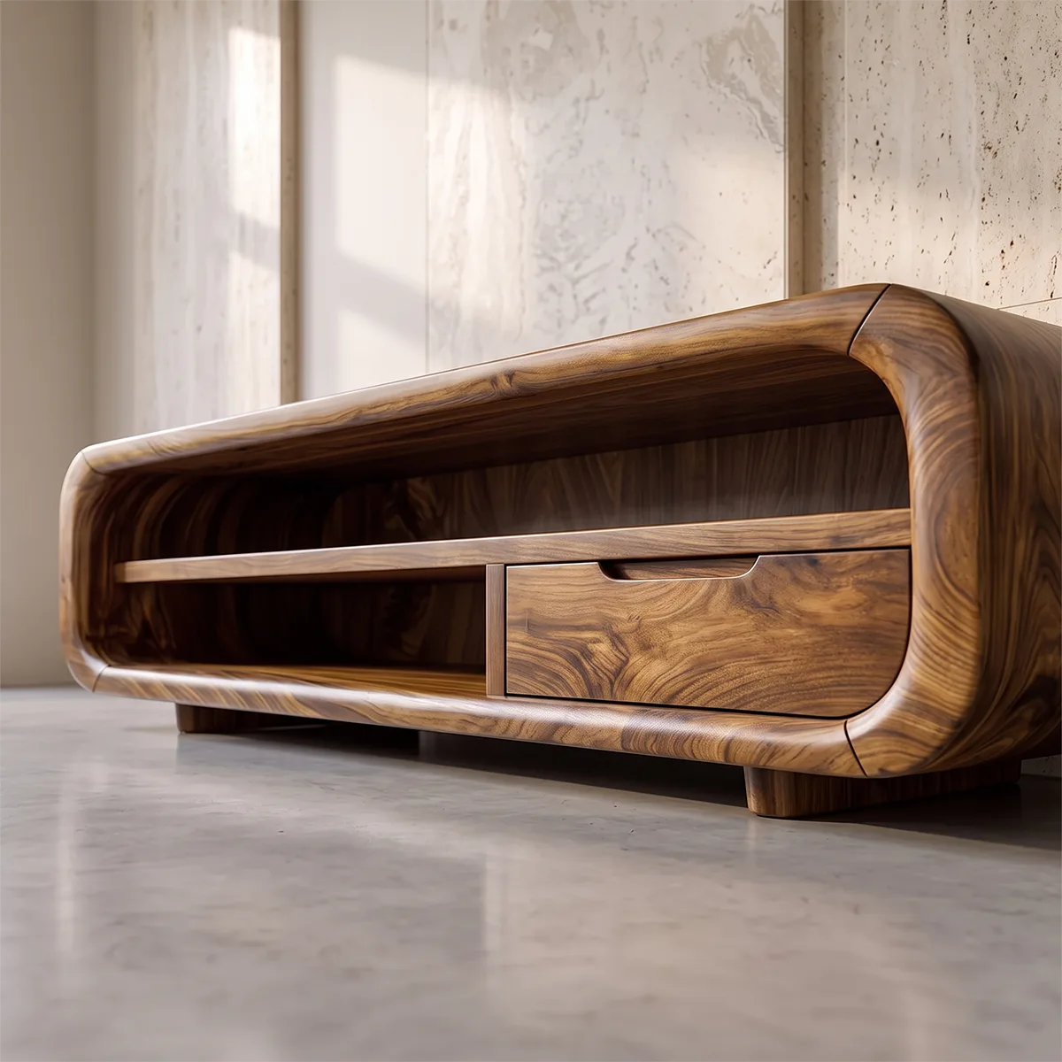 Modern Curved TV Stand with Open Shelves and Drawer | Low Profile Entertainment Console TH003-7VIY6HF