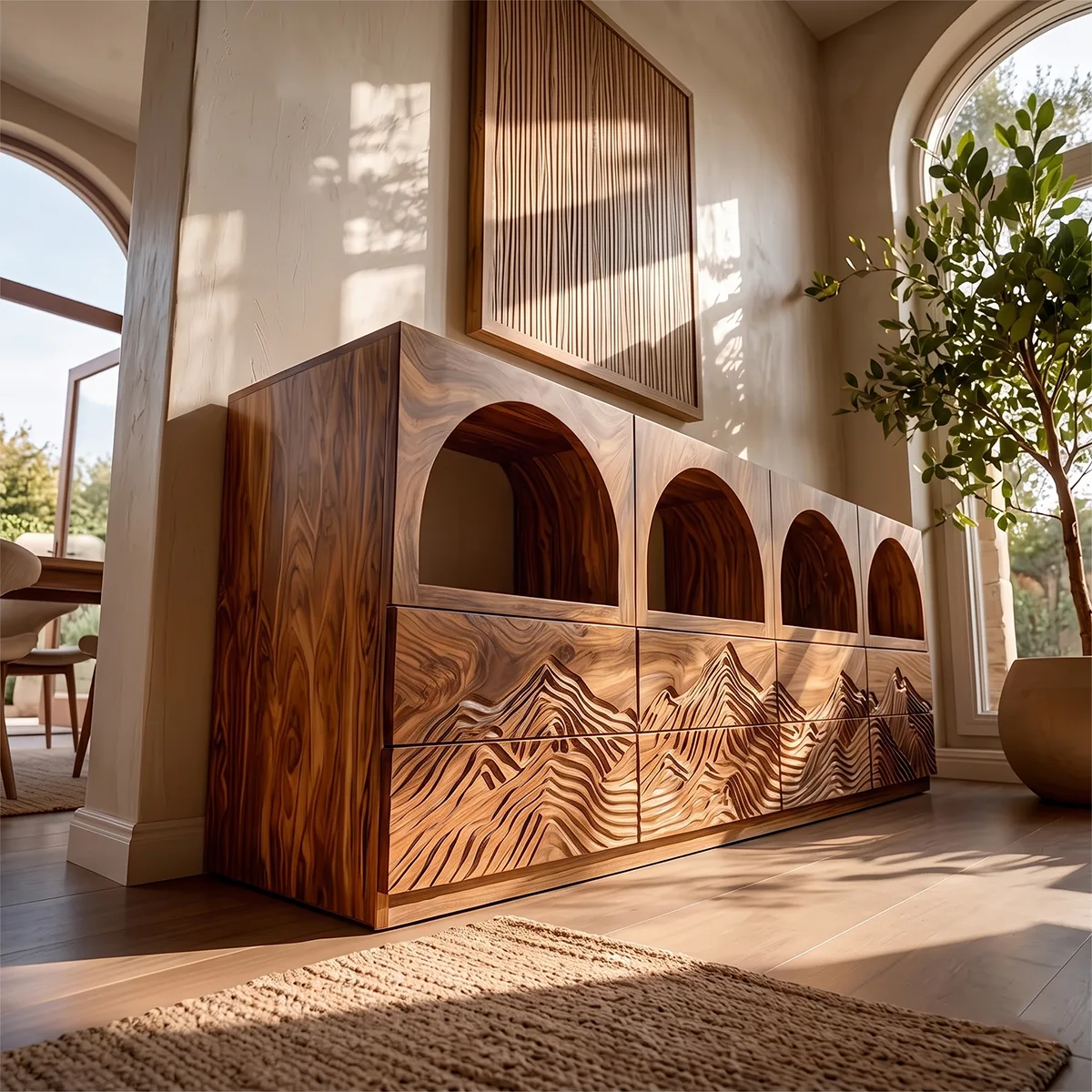 Modern Sideboard Cabinet | Mountain Carved Buffet Cabinet with Open Shelves & Drawers TH003-4345