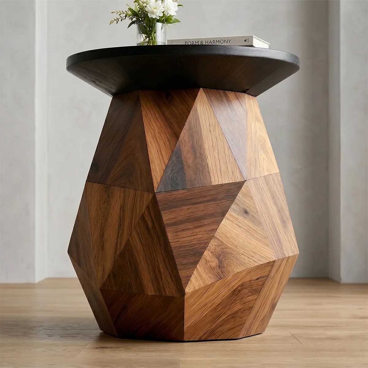 Modern Round Solid Wood End Table | Geometric Pedestal Side Table with Black Top TH003-4421