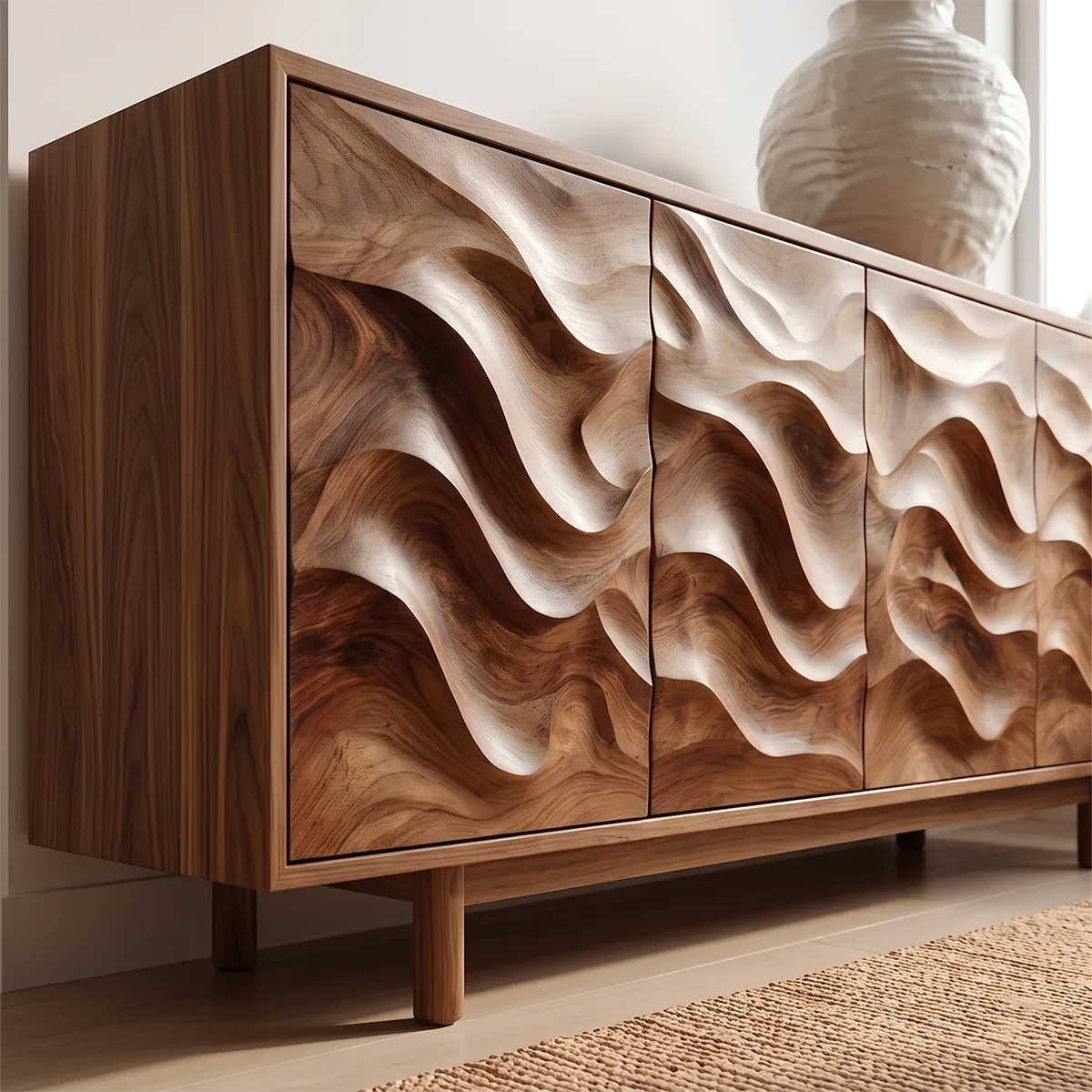 Flowing Carved Solid Wood Sideboard | Organic Modern Buffet Cabinet for Dining & Living Room TH003-8277