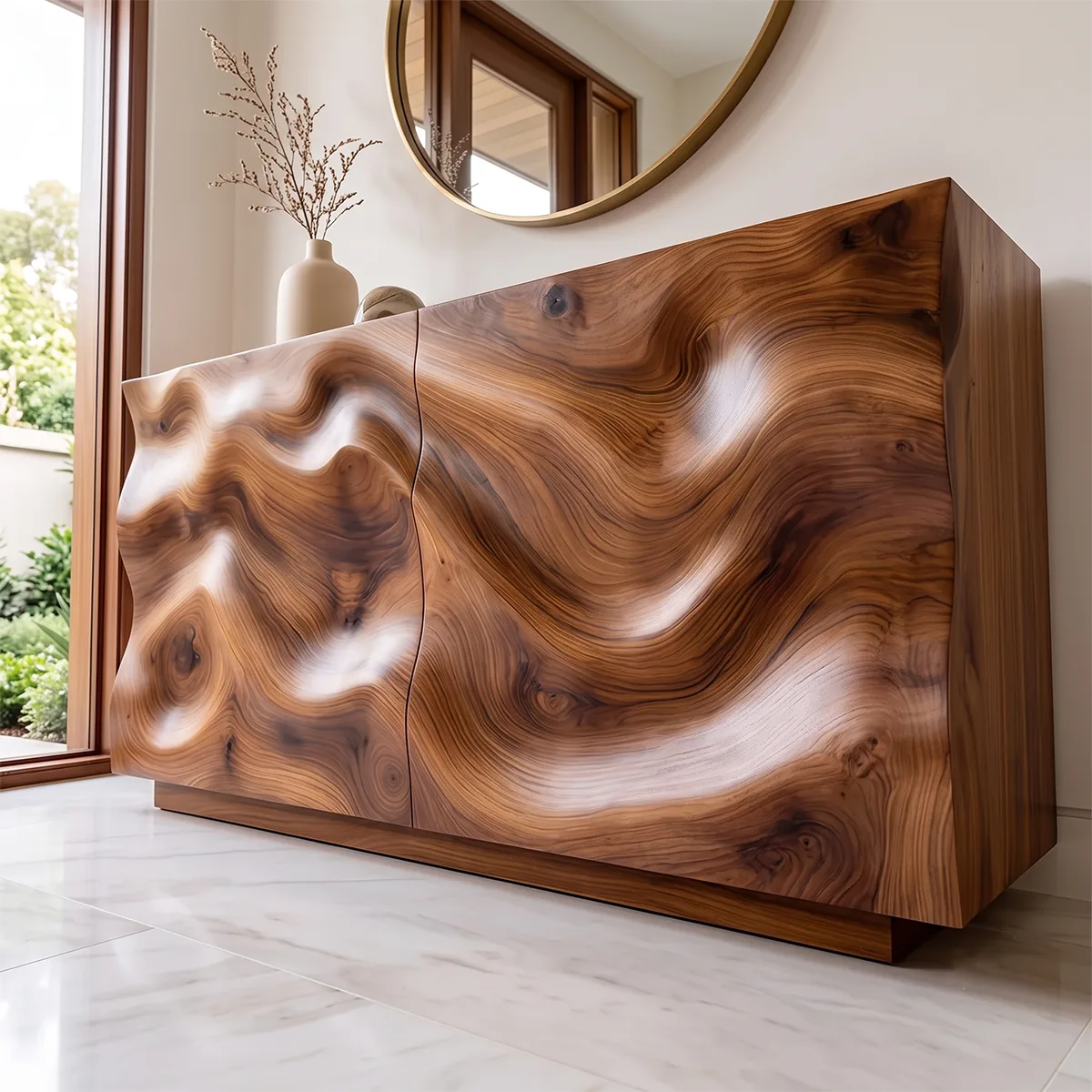 Modern Storage Console Table with Sculptural Wave Doors – Contemporary Entryway Table TH003-6526