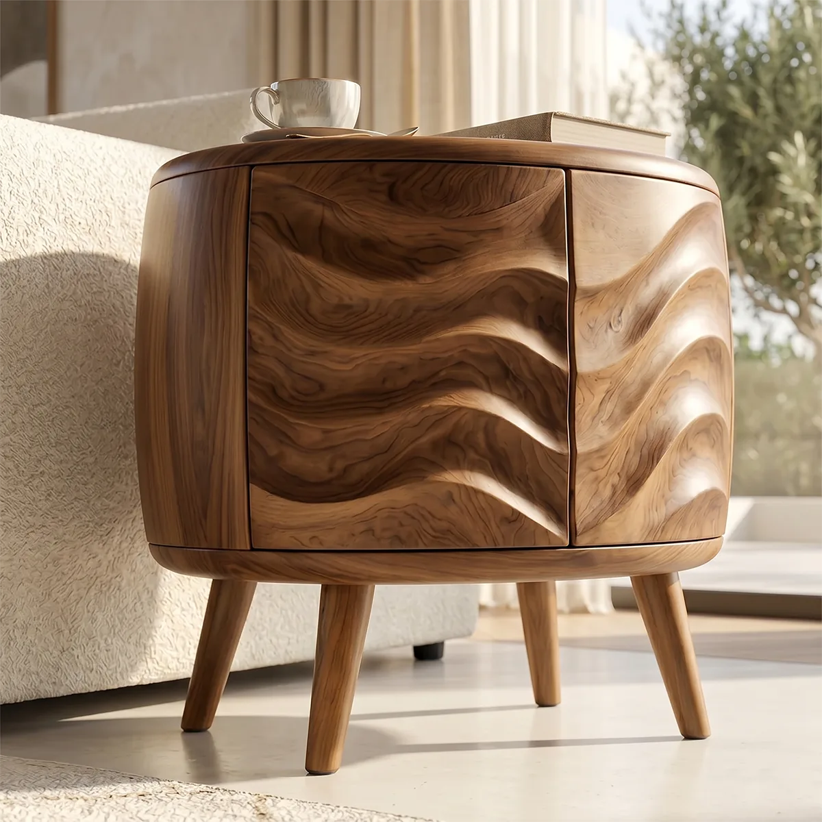 Round Accent End Table with Sculpted Front Panels and Concealed Storage TH003-7904