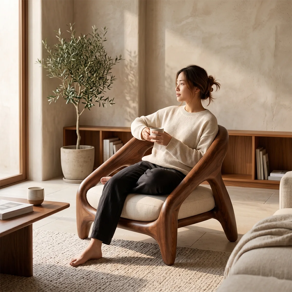 Solid Wood Lounge Chair | Organic Modern Sculptural Wooden Accent Chair TT006-7503