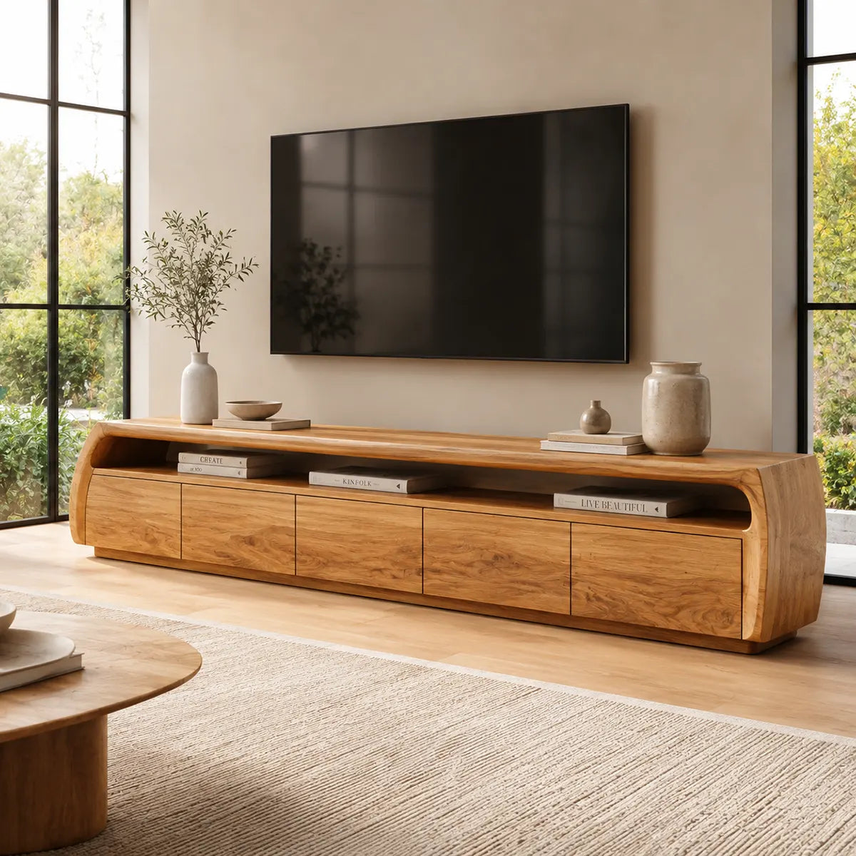 Modern TV Stand with 5 Enclosed Storage Compartments & Open Shelf | Curved Media Console TT006-2HKN9KV