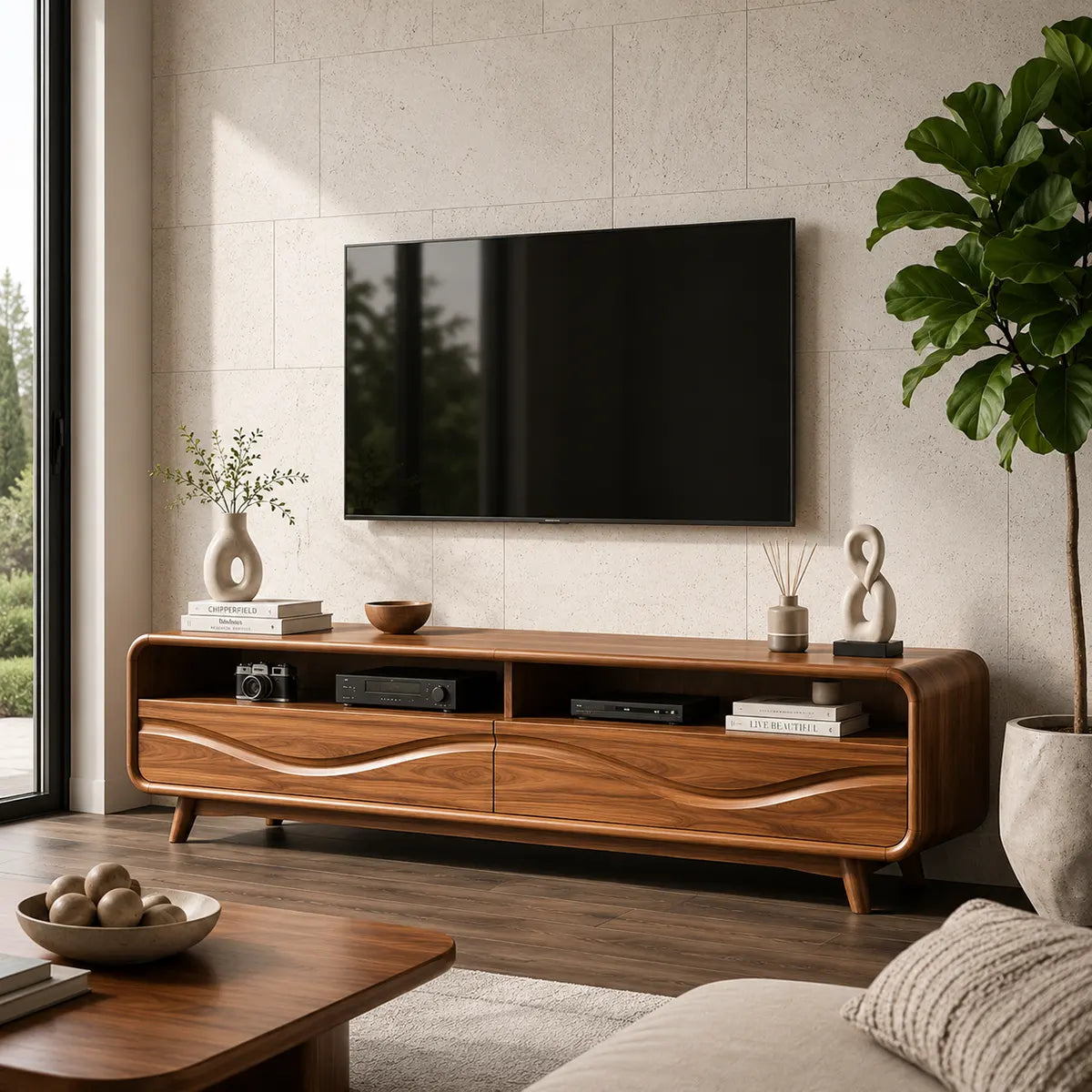 Modern TV Stand with 2 Open Shelves & Enclosed Storage | Sculptural Curved Media Console TT006-5OJR9XY