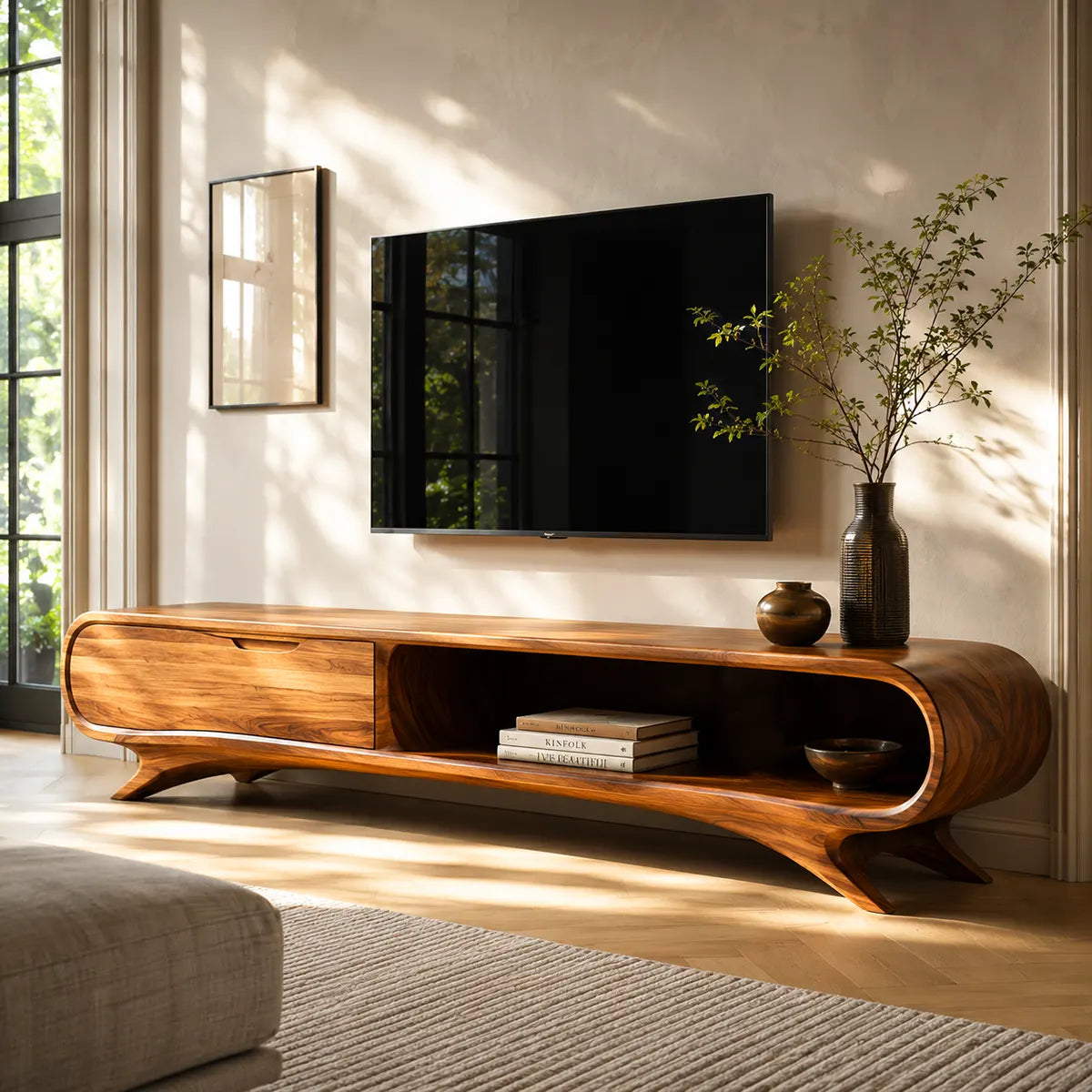 Modern Curved TV Stand with Large Drawer & Open Storage | Sculptural Media Console TT006-3JHB2OI