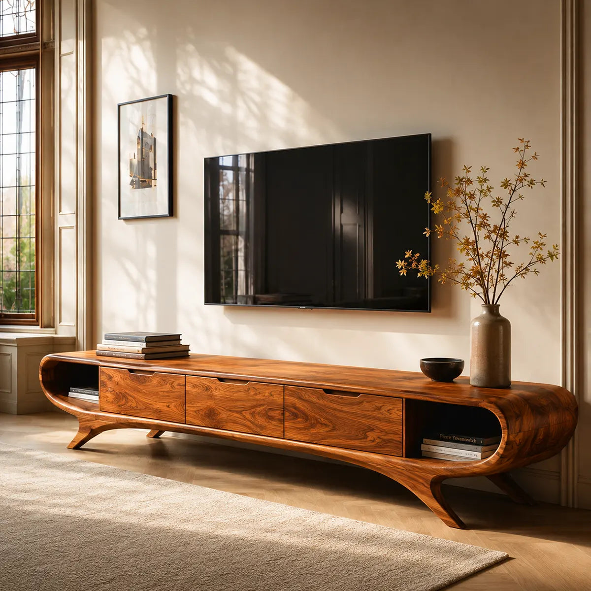 Modern Curved TV Stand with 3 Drawers & 2 Open Side Compartments TT006-3IYZ7XH