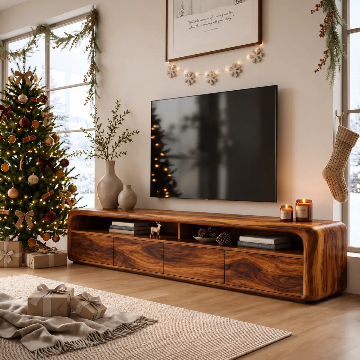 Modern Curved TV Stand with 4 Enclosed Storage Compartments & Open Shelves TT006-5AFF2JH