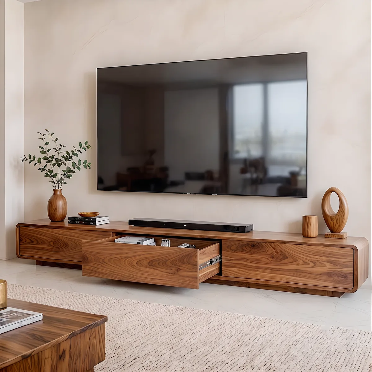 Modern Minimalist TV Stand with Rounded Edges and Seamless Storage HG021-7XRP2UR