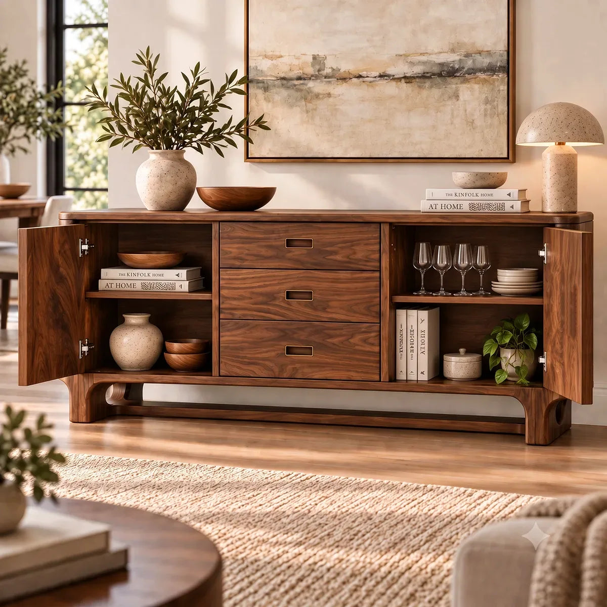 Modern Sideboard with 3 Drawers and 2 Cabinets | Rounded Storage Buffet with Interior Shelves HG021-6UVE8HY