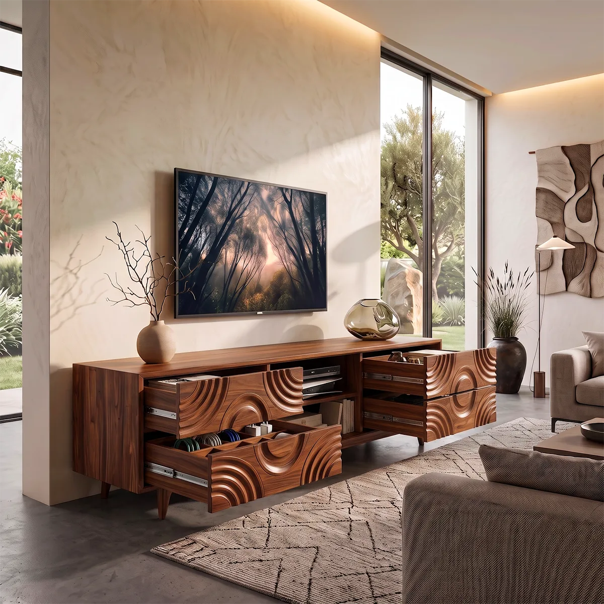 Geometric Carved Wood TV Stand with Drawers & Open Shelves | Modern Media Console HG021-4AVP4BD
