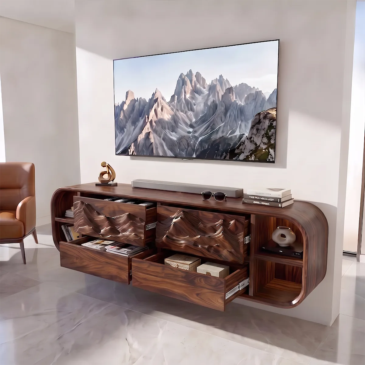 Mountain Relief TV Stand with Rounded Frame and Floating Storage HG021-1LGE7WE