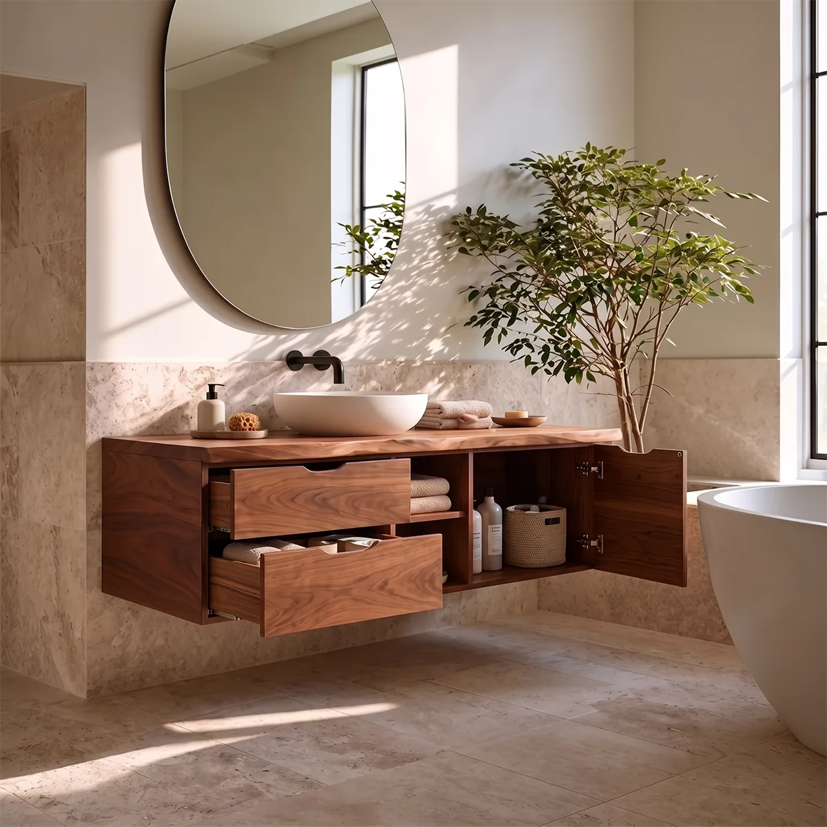 Modern Floating Bathroom Vanity | Wall Mounted Storage Cabinet with Drawers and Open Shelving TH003-5PPH1AS