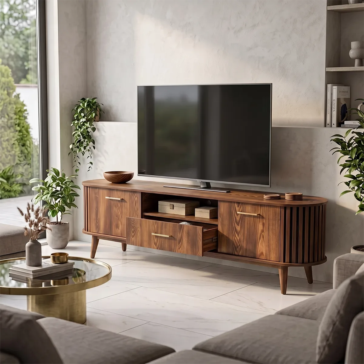 Mid-Century Modern TV Stand with 2 Cabinets & Drawer | Fluted Media Console TH003-4CGT3CA
