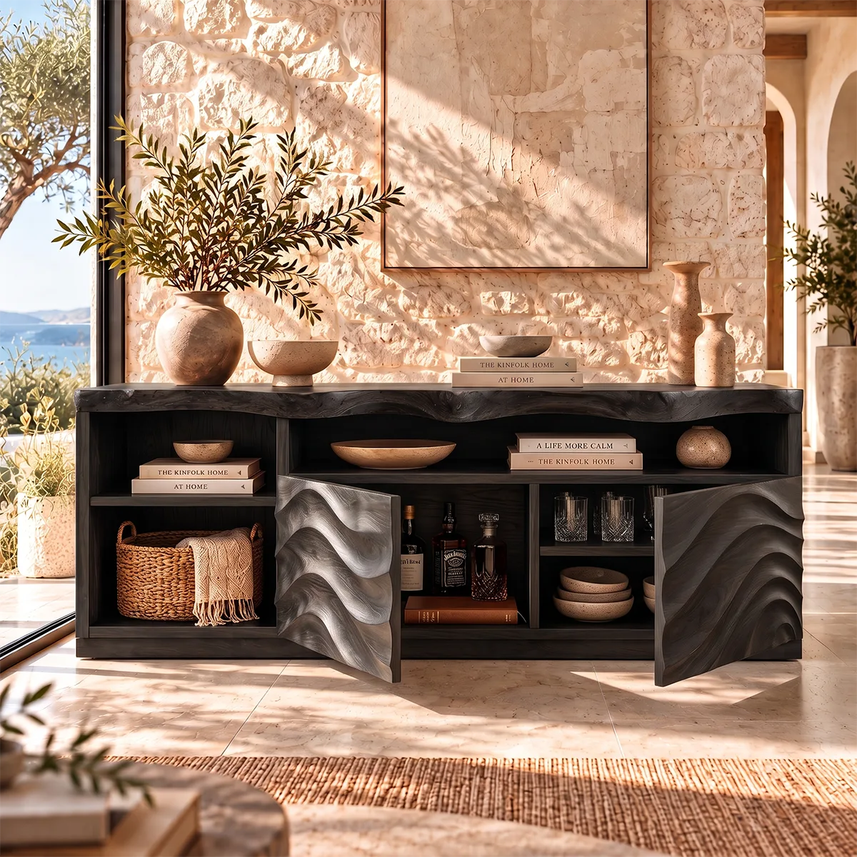 Sculptural Wave Sideboard with 2 Cabinet Doors and Open Shelves | Modern Storage Cabinet HG021-4LWU7BC