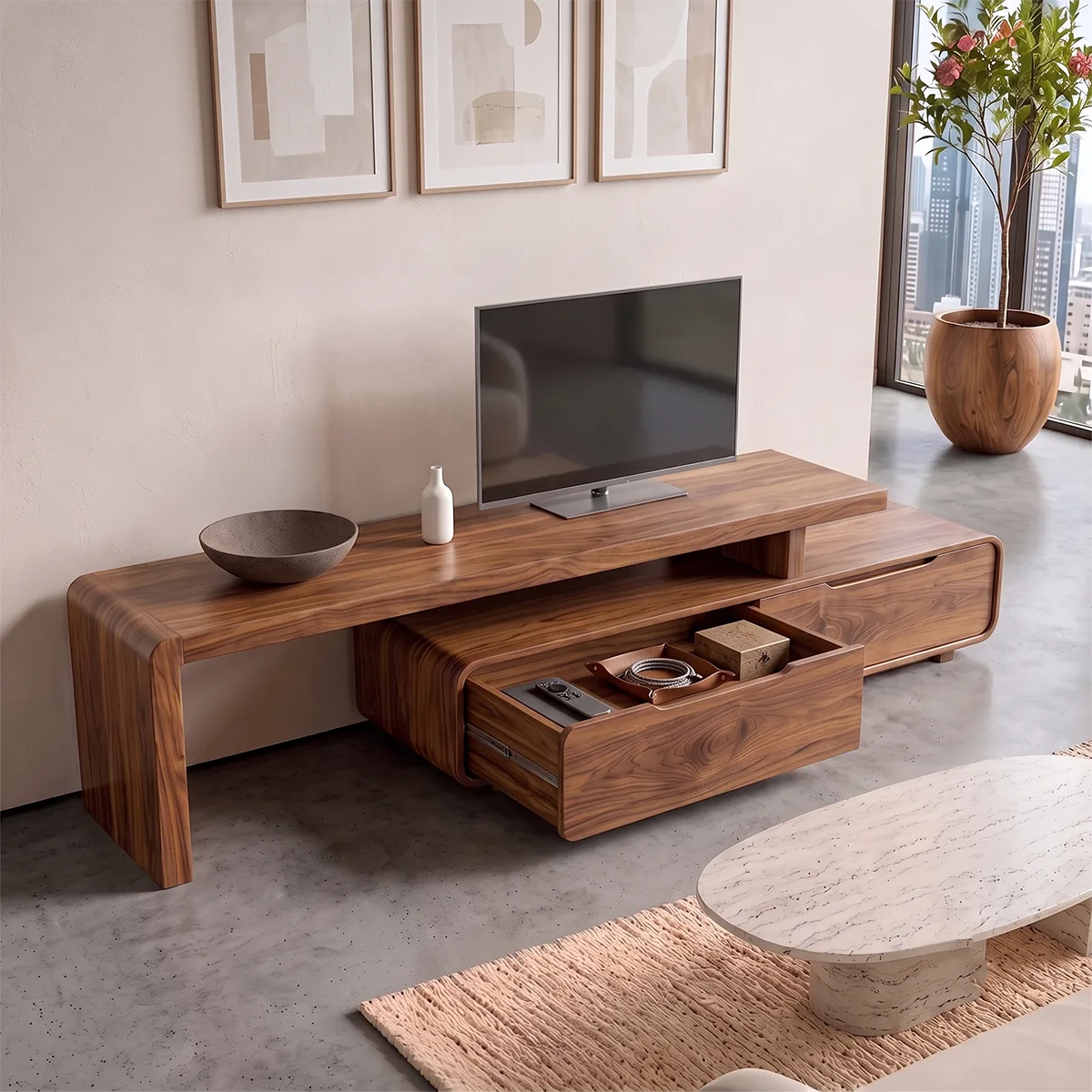 Modern Asymmetrical TV Stand with 2 Drawers | Low Profile Media Console TH003-9QJE5UT