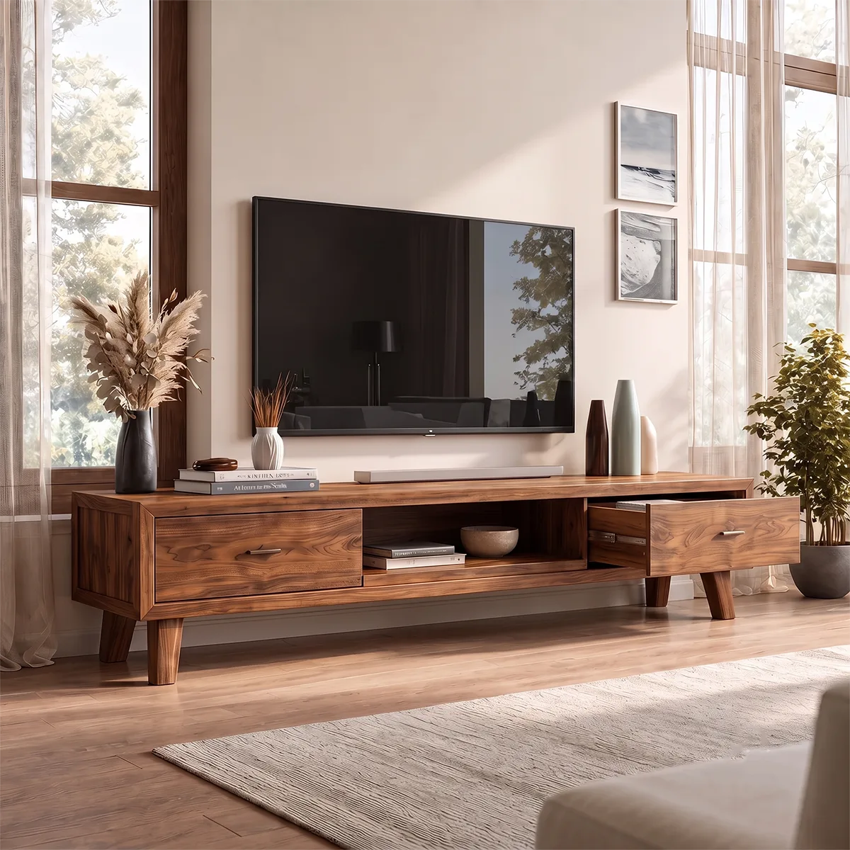 Modern TV Stand with 2 Drawers & Open Shelf | Low Profile Media Console TH003-6TLG4RN