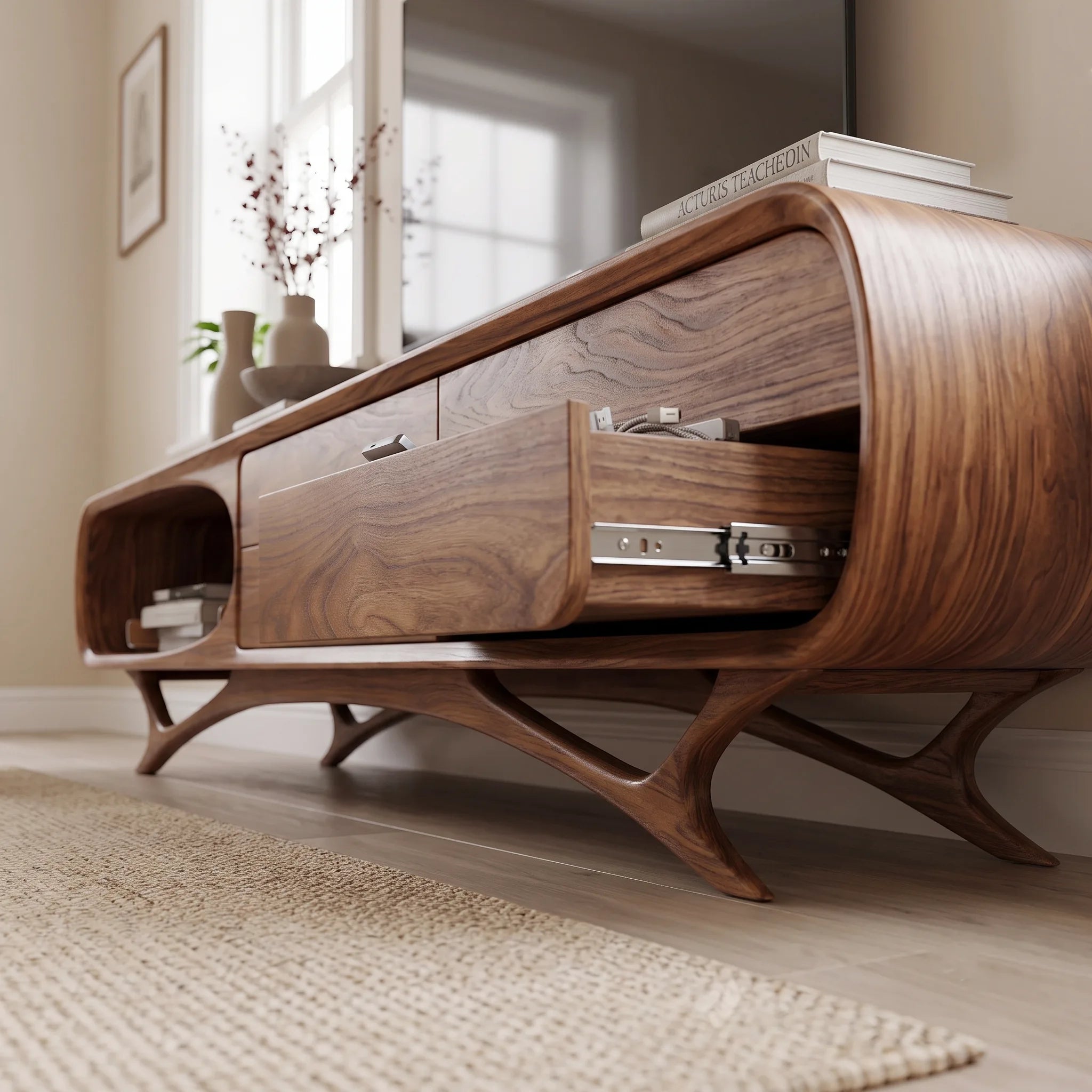 Curved Wood TV Stand with Drawers & Open Shelf | Modern Media Cabinet HG021-3QWT2KN