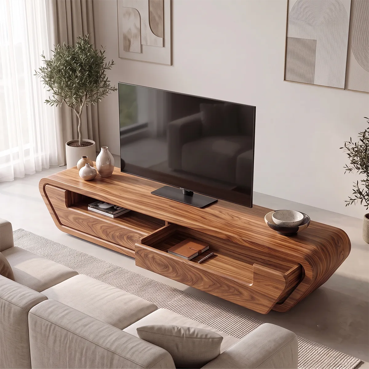 Modern Curved TV Stand with 2 Drawers & Open Media Shelf | Low Profile Entertainment Console TH003-4LAL5FE