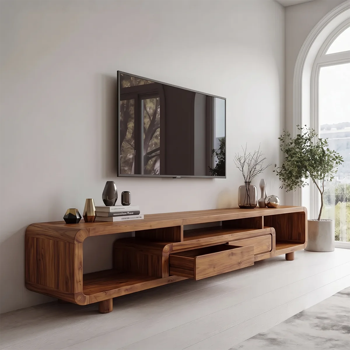 Modern Curved TV Stand with Open Shelves & 2 Drawers | Low Profile Entertainment Console TH003-5MRZ4FZ
