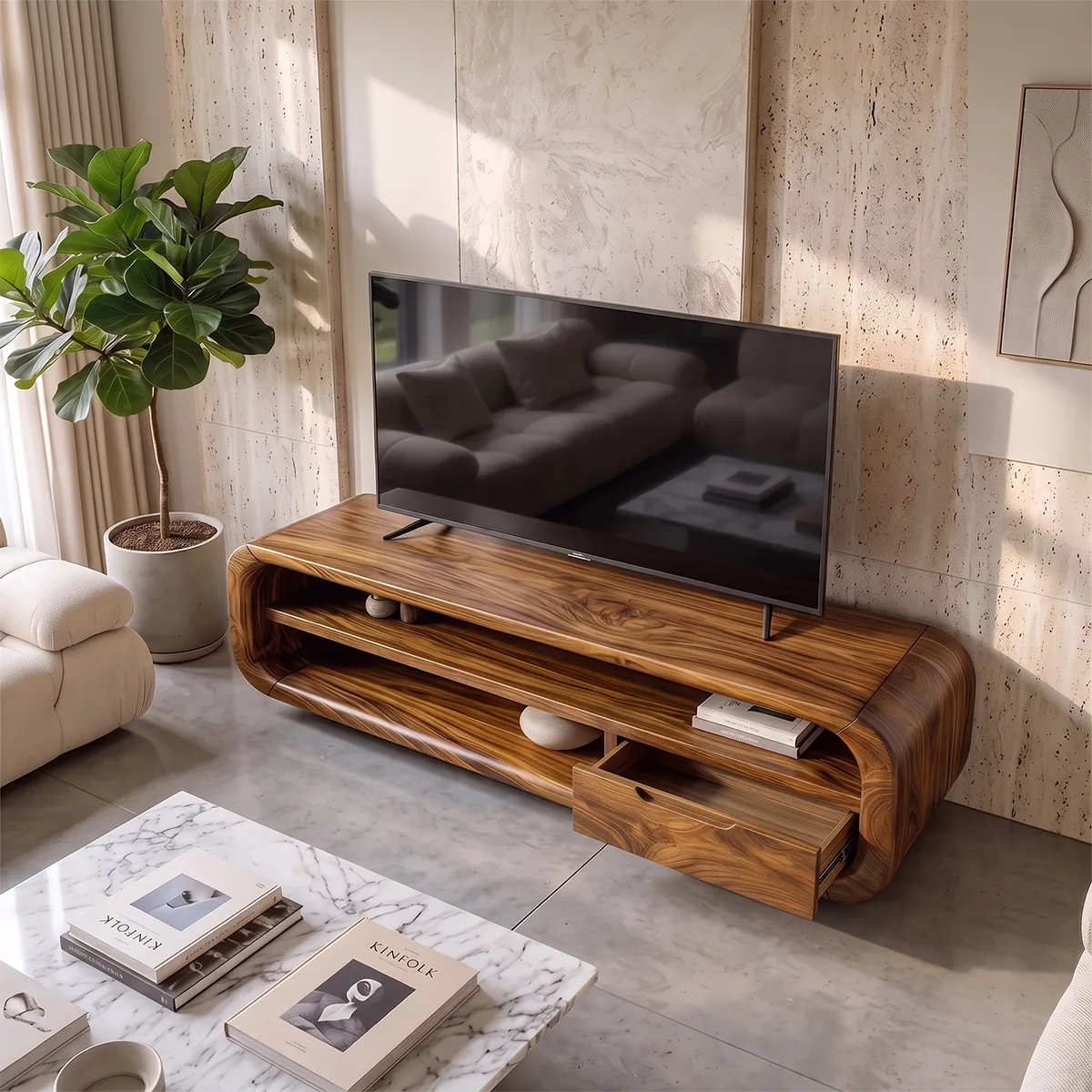 Modern Curved TV Stand with Open Shelves and Drawer | Low Profile Entertainment Console TH003-7VIY6HF