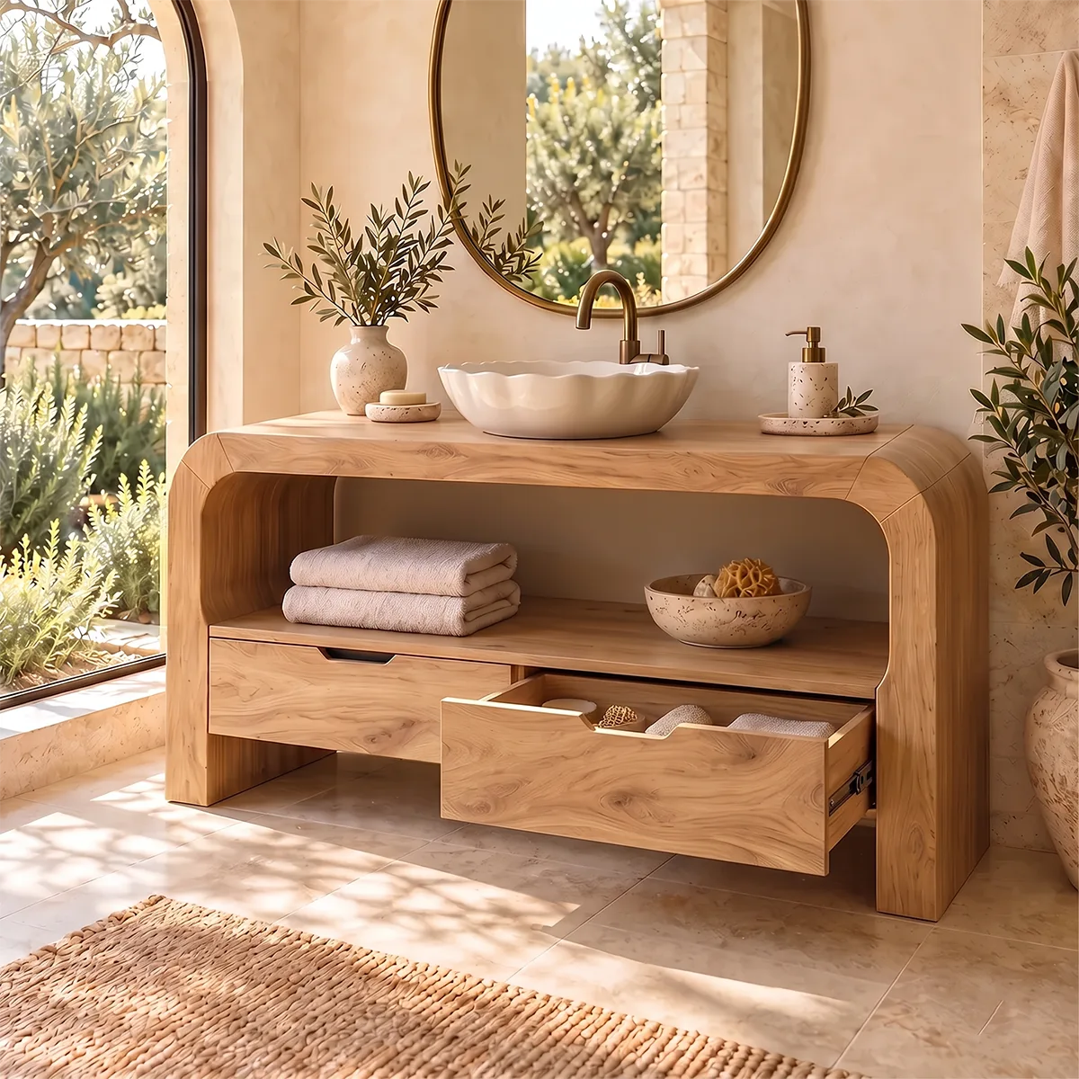 Curved Waterfall Bathroom Vanity | 2-Drawer Vanity with Large Open Storage Shelf TH003-4TMA9VP