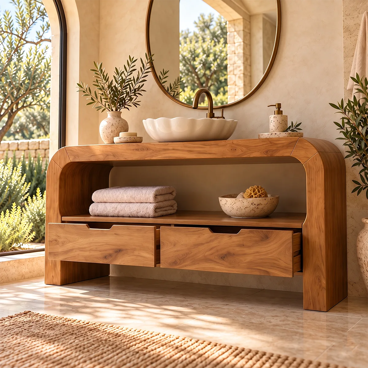 Curved Waterfall Bathroom Vanity | 2-Drawer Vanity with Large Open Storage Shelf TH003-4TMA9VP