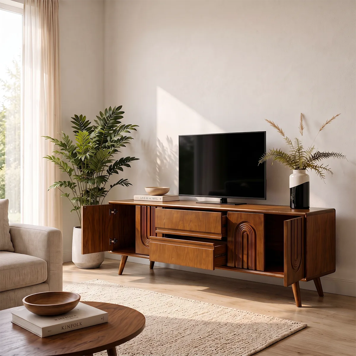 Fluted Arch Wood TV Stand with Drawers & Cabinets | Mid-Century Media Console HG021-6ZXL7DZ