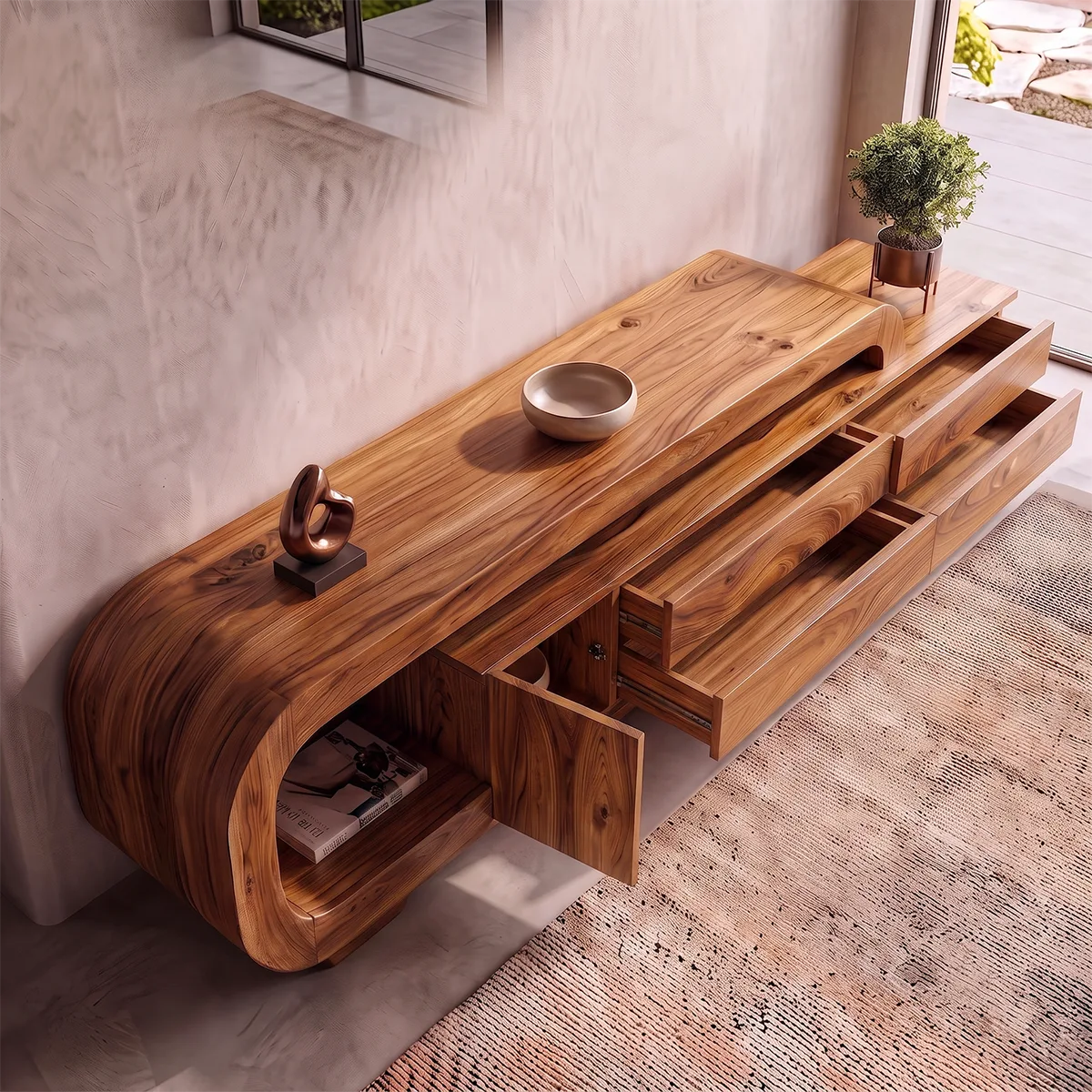 Curved Wood TV Stand with Drawers & Storage | Modern Media Cabinet HG021-1SBA3RR