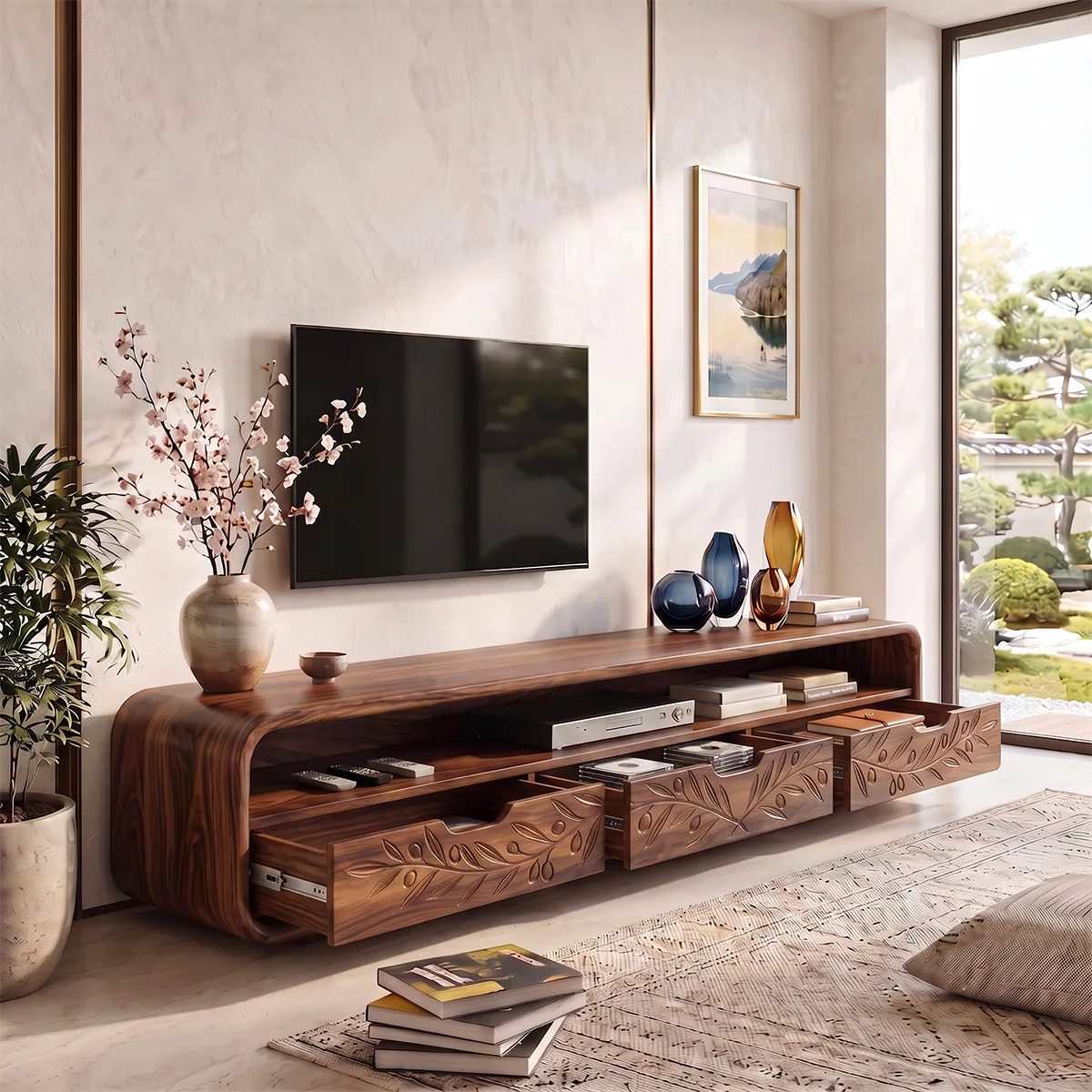 Botanical Carved Wood TV Stand with Storage | Elegant Media Console HG021-5BGB8ID