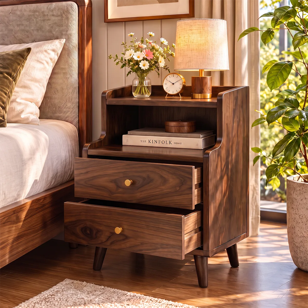 Modern 2-Drawer Nightstand with Open Shelf | Tall Bedside Table with Tapered Legs HG021-7TNK8GF