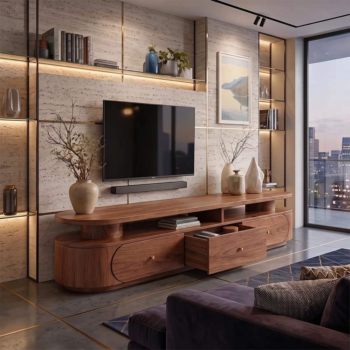 Modern TV Stand with 3 Drawers & Open Shelf | Curved Media Console TH003-1IBC4JQ