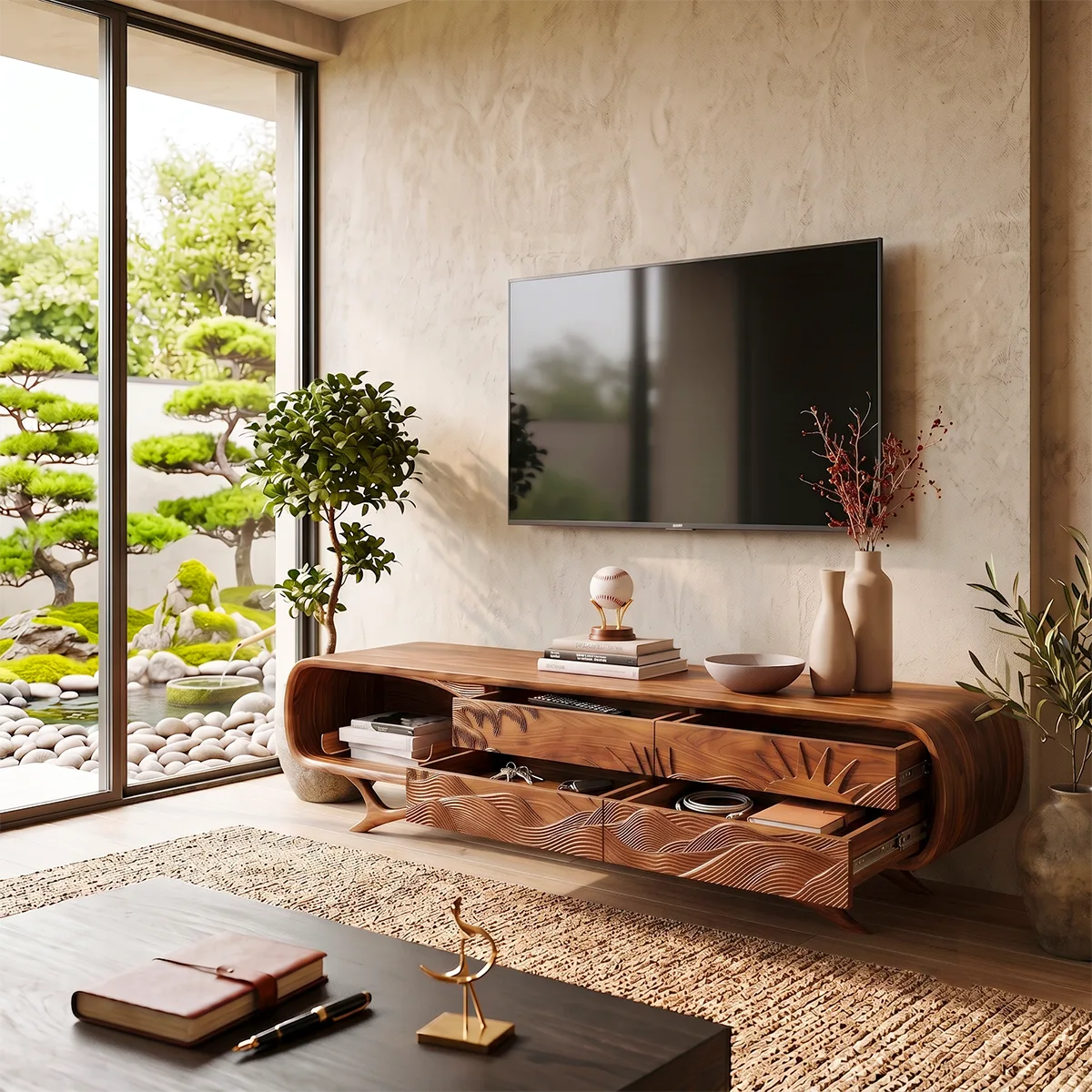 Sunrise Landscape Carved Wood TV Stand with Curved Frame | Sculptural Media Console HG021-2WSZ4IX