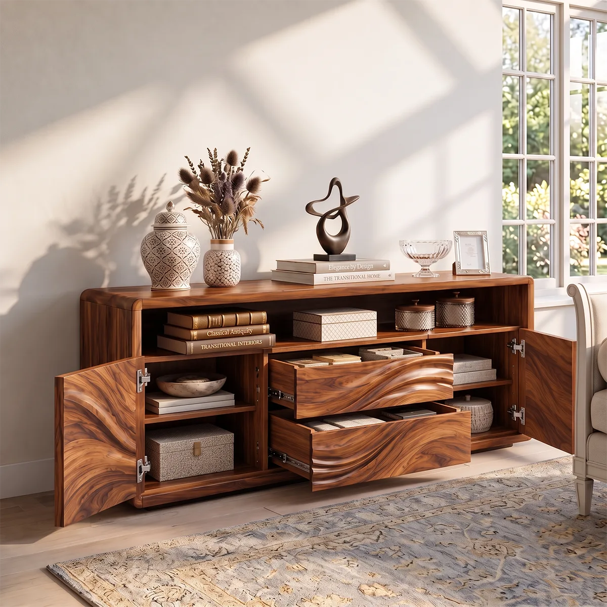 Sculptural Wave Sideboard with 2 Drawers, 2 Cabinets and Open Shelf | Modern Storage Cabinet HG021-9WUN9IL