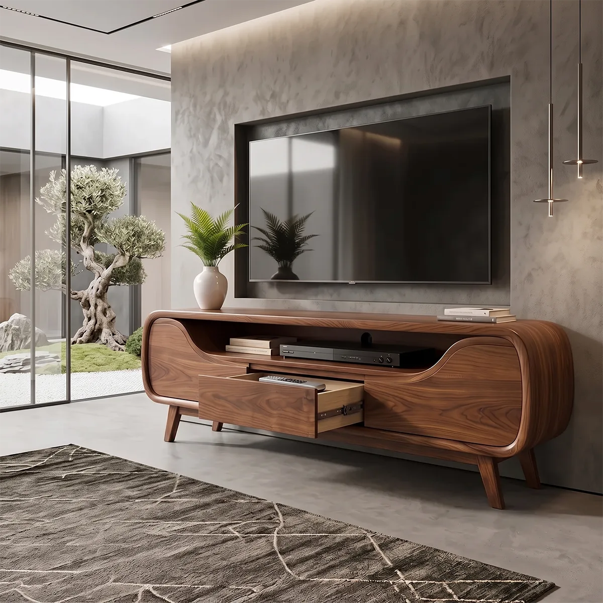 Modern Curved TV Stand with Drawer & Open Media Shelf | Sculptural Low Profile Console TH003-2WQM9UQ
