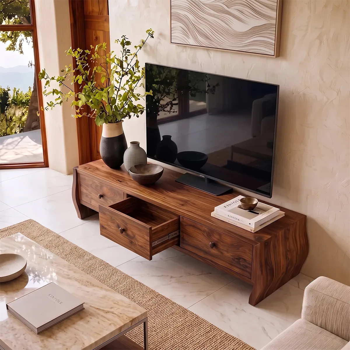 Modern TV Stand with 3 Drawers & Sculptural Curved Legs | Minimalist Media Console TH003-2IWI9LN